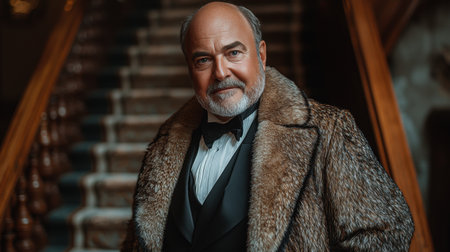 flamboyant drama king stands on grand staircase wearing oversized fur coat, tilting his head back in theatrical laugh He exudes confidence and power in lavish settingの素材