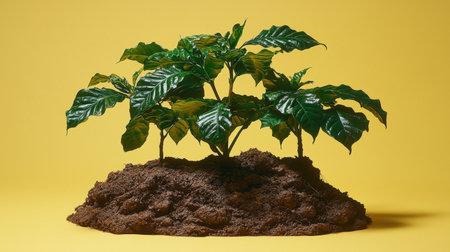 thriving coffee plant seedling glossy dark green leaves emerges from rich soil, symbolizing its journey becoming fruitful coffee producing tree in bright environmentの素材