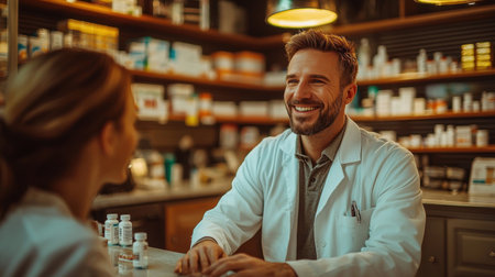 brightly lit pharmacy features friendly pharmacist in white coat assisting customer sleek counter surrounded neatly arranged products, enhancing shopping experienceの素材