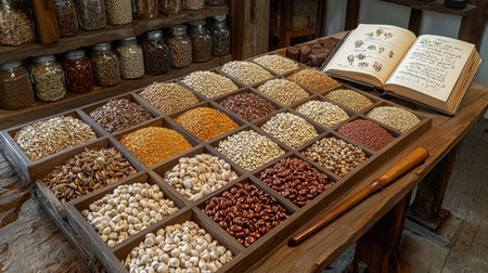 various seeds are meticulously arranged in display, featuring wooden handled gardening tool resting beside open guidebook planting diagrams setup invites future gardening effortsの素材