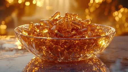 Golden vitamin capsules fill transparent crystal bowl, resting on polished marble surface Soft focus bokeh lights create elegant background, enhancing luxury feelの素材