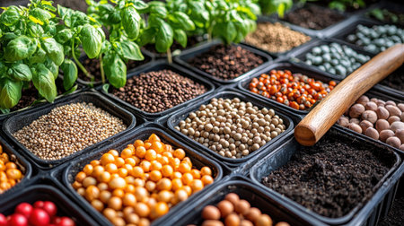 brightly arranged seed display showcases variety of seeds alongside wooden handled tool and open guidebook featuring planting diagrams for gardening supportの素材