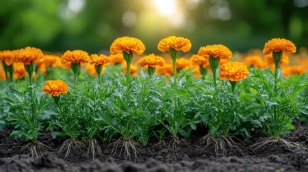 Bright orange marigold seedlings green leaves bloom in rich soil warm sunlight Their roots are exposed, showcasing healthy growth in vibrant agricultural displayの素材