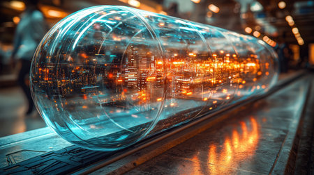 cracked open vitamin capsule displays tiny futuristic city glowing neon lights, symbolizing hidden health advantages go unnoticed human eyeの素材