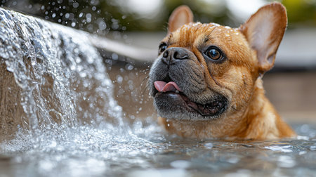 curious french bulldog is playfully licking flowing water from modern matte ceramic pet fountain, surrounded soft neutral toned background enhances its vibrant furの素材