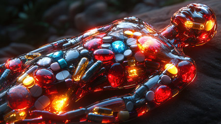 human figure is constructed from various colorful vitamins and supplements, highlighting areas glow brightly symbolize optimal health and vitality, set in serene outdoor environmentの素材