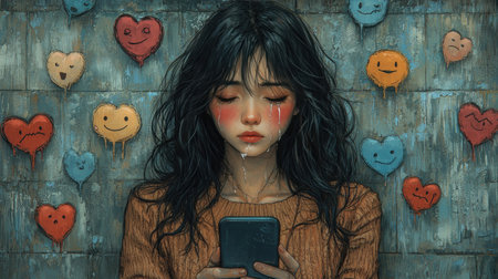 glamorous woman dressed in designer clothing dramatically cries while holding her phone, overwhelmed social media reactions and notifications filled emojisの素材