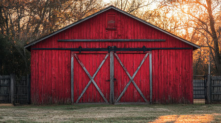 golden rays of evening sunlight spill over traditional red barn sliding metal mechanisms, creating warm and nostalgic atmosphere in peaceful farm landscapeの素材