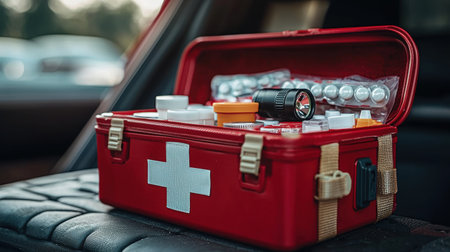 first aid kit in car trunk shows organized supplies including bandages, antiseptics, pain relievers, and flashlight ensuring readiness for emergencies while travelingの素材