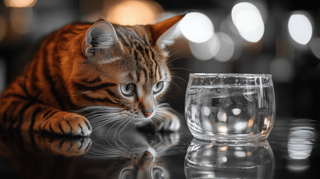 bengal cat gracefully leans transparent glass fountain, savoring purity of clean drinking water in contemporary and crisp environment, showcasing pet hydrationの素材