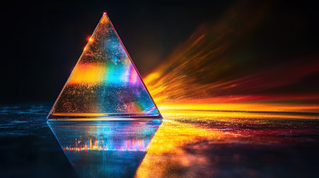 glass prism disperses beam of white light, creating vibrant rainbow spectrum against deep black background, demonstrating principles of optics and light behaviorの素材