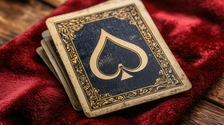 Vintage playing cards are artfully arranged on deep red velvet surface, Ace of Spades prominently displayed, evoking sense of mystery and enchantmentの素材