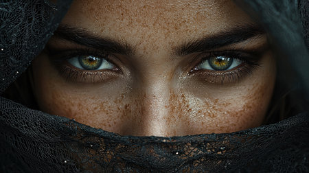 Woman delicate black lace veil gazes intensely, her piercing eyes enhanced dramatic makeup tells stories of betrayal and triumph in soft, blurred backgroundの素材