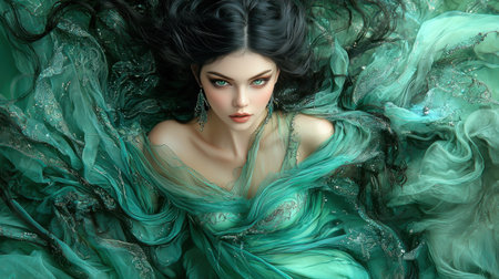 striking witch cloaked in flowing emerald velvet whispers spells into air as dark smoke curls around her in mystical forest twilight, creating enchanting atmosphereの素材