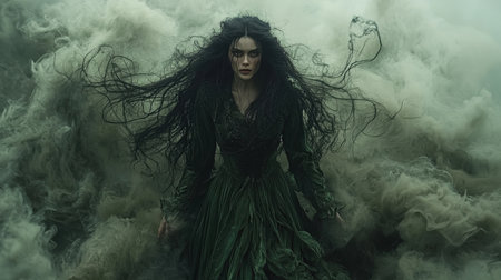 strikingly beautiful witch dressed in flowing emerald velvet whispers incantations as dark smoke curls around her, creating enchanting atmosphere in dim light of twilightの素材