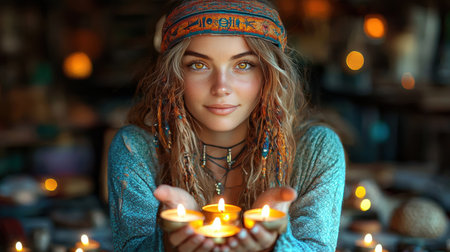 powerful witch displays her magic golden eyes and glowing hands while candles levitate around her in dark chamber filled ancient relics and sigilsの素材