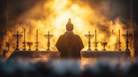during eucharistic prayer, catholic priest lifts consecrated host above altar golden chalices and sacred vessels surround him, illuminated soft halo of lightの素材