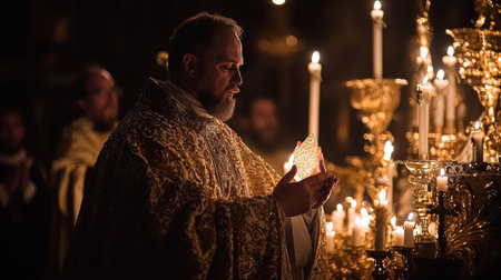 catholic priest holds consecrated host above altar holy expression golden chalices and sacred vessels surround him, illuminated soft candlelight, creating serene atmosphereの素材