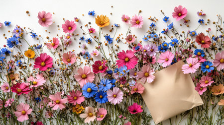 Biodegradable paper packet labeled Wildflower Mix spills colorful seeds onto white surface, promoting eco conscious gardening and highlighting biodiversity in natureの素材