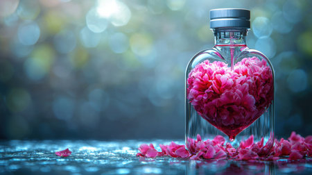 medical iv bag releases soft blush liquid infused peony petals, dripping gently into heart shaped container below, symbolizing delicate union of love and careの素材