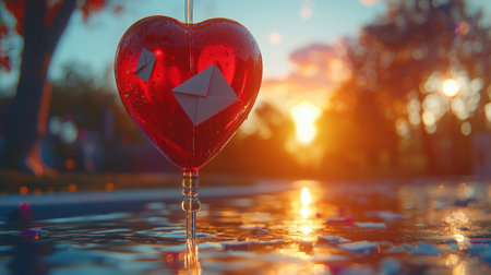 IV bag shaped like heart swirls tiny folded love letters, infusing emotions into air nostalgic concept captures serene moment as sun setsの素材