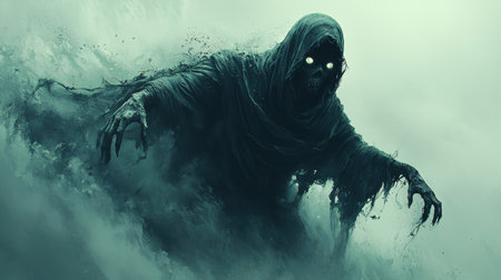 Ethereal figure shrouded in tattered black robes stands ghostly hands extended, hollow glowing eyes peering from beneath shadowed hood, set against bright white backgroundの素材