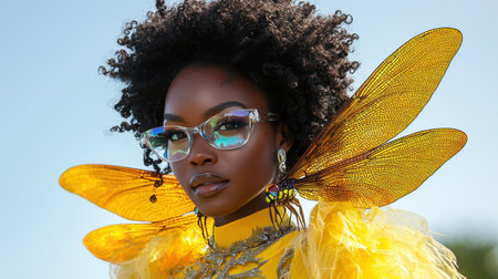 stylish woman showcases unique glasses resembling dragonfly wings bright sunlightの素材