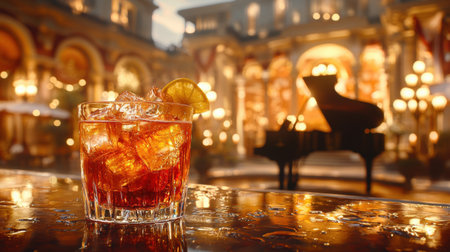 Sipping vibrant cocktail, guest relaxes bar, captivated live music from pianist and singer soft candlelight in cozy venueの素材
