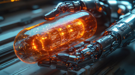 sleek robotic hand metallic fingers gently holds transparent vitamin capsule containing glowing coreの素材