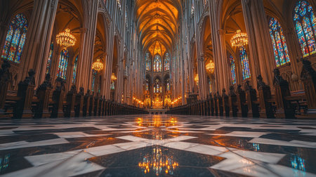 Experience grandeur of historic Catholic cathedral showcasing towering stained glass windows, gleaming chandeliers, and elegant wooden pews elevate its divine atmosphereの素材