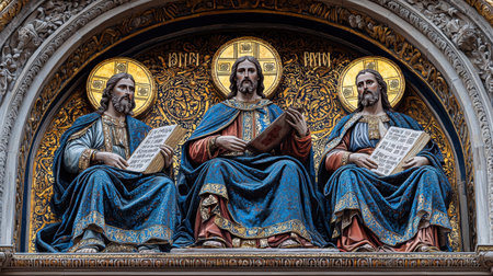 striking portrayal of Holy Trinity showcases God Father, Jesus Christ, and Holy Spirit, adorned in intricate robes and surrounded ornate iconographic designsの素材