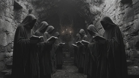 group of Benedictine monks dressed in brown robes stands in semi circle inside medieval stone monastery, chanting from ancient hymnals while soft candlelight flickers around themの素材