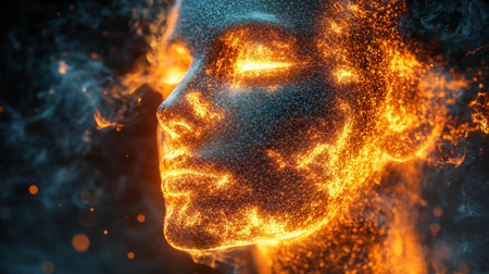 close up reveals person wearing vibrant digital mask is cracking apart Underneath, weary and sad expression emerges, highlighting struggle of maintaining online personaの素材