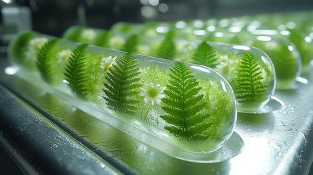 See through gel capsules contain intricately detailed plants showcasing blend of ferns and small flowers surreal composition highlights beauty of nature in fantastical settingの素材