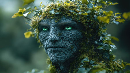 ancient creature stands thick, stone like skin and deep green moss draping over its shoulders Glowing emerald eyes reflect ancient wisdom and power, rooted in natures embraceの素材