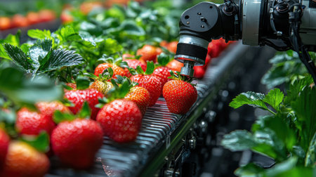 robotic arm delicately picks ripe strawberries in hydroponic greenhouse, showcasing technologys role in future sustainable farming practices and precision agricultureの素材