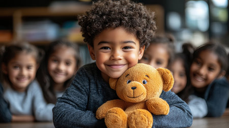 charming hand puppet explains lesson enthusiastic group of students in classroom, filled curiosity and joy as they participate in interactive learning experienceの素材