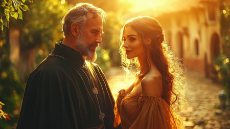 priest in traditional clerical robes walks beside woman in flowing dress, sharing hushed conversation in stone courtyard bathed in golden evening light, casting long shadowsの素材
