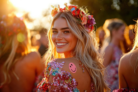 friend adds smiley face sticker another persons back vibrant party filled laughter and joy, surrounded warm golden light and floral decorationsの素材