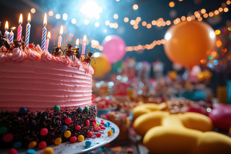 over shoulder view captures vibrant surprise birthday setup featuring table full of joke items such as exploding candles, whoopee cushions, and fake insectsの素材