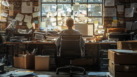 In bright, cluttered production office, worker looks around in confusion, searching for missing chair amidst piles of papers and boxes, creating lighthearted atmosphereの素材