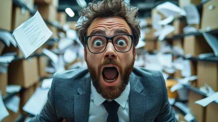 In bright office filled scattered papers and boxes, production worker expresses confusion while desperately looking for missing office chair, creating humorous atmosphereの素材