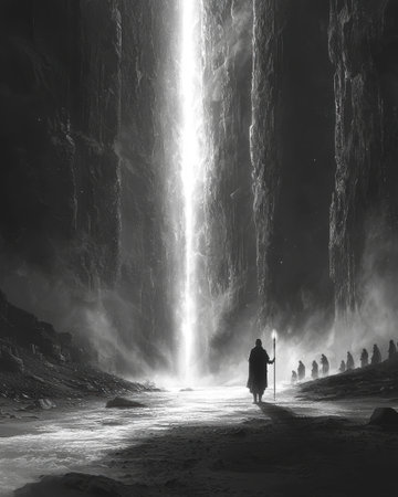 Moses stands his staff raised high as Red Sea parts dramatically, illuminating dry path Israelites in background express awe and disbelief miraculous eventの素材