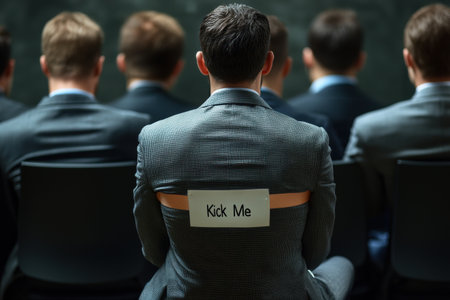 group of colleagues struggle maintain their composure in meeting as one worker has sign taped their back lighthearted moment captures playful office atmosphereの素材