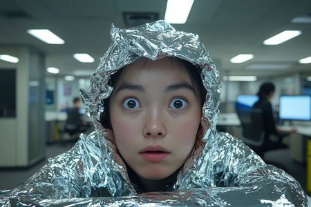 In playful corporate setting, employee reacts shock as their desk is completely covered in aluminum foil, showcasing lighthearted moment workの素材