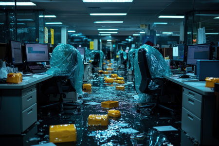returning from vacation, worker finds their workspace humorously covered in plastic wrap, transforming office environment into playful mess Colleagues orchestrated funny surpriseの素材