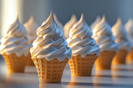 Brightly lit no drip ice cream cones are presented in professional food advertisement, emphasizing unique cone design ice cream, delivering fun visual appealの素材