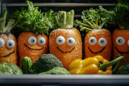 prankster decorates vegetables in fridge googly eyes Their friend opens fridge door discover funny and unexpected sight, bright kitchen lighting enhances momentの素材