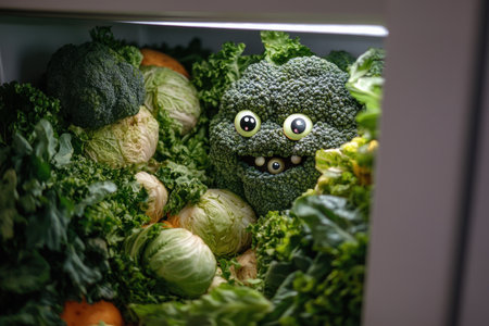 bright kitchen reveals pranksters playful spirit as vegetables are adorned googly eyes, creating humorous surprise for friend opening fridgeの素材