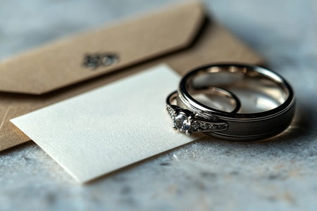 whimsical wedding card playful message about enduring love sits beside gleaming wedding rings setup is minimalistic and elegantly composed, showcasing beauty of loveの素材